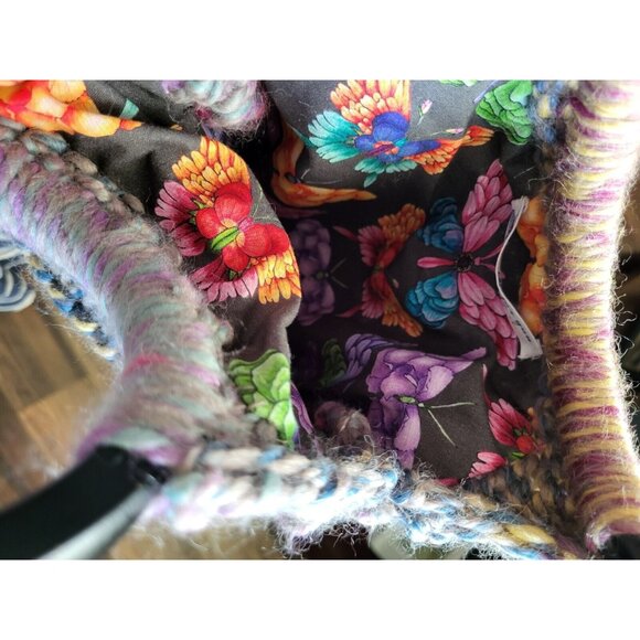 Handknit Purple Blue 13x10 Lined Wood Circle Handle Purse Boho Cottagecore - Picture 6 of 9